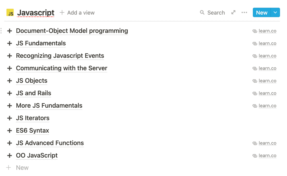 screenshot of Notion inline link database about JavaScript